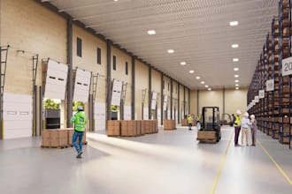 do 3d industrial factory layout, logistic warehousing,  factory animation