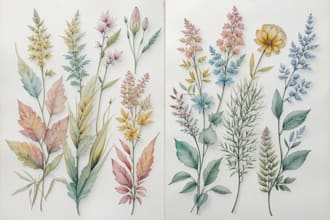 draw botanical line art illustration flower, plant, fruits