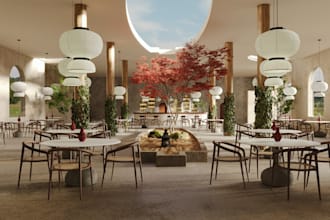 redesign wabi sabi restaurant,cgi interior render,autocad model,furniture set up