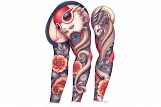 draw custom tattoo design, realistic, traditional, anime sleeve tattoo