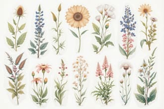watercolor botanical illustrations of flowers and plants
