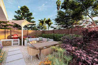 do backyard landscape design,garden,pool,patio render,outdoor space,shed,pergola