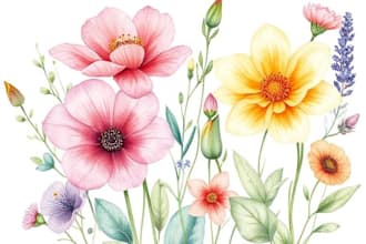 watercolor botanical illustrations of flowers and plants