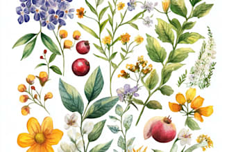 create a digital watercolor botanical illustration of flowers, plants, fruits