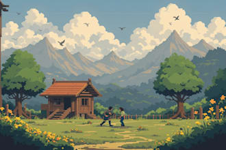 painting retro  style pixel art background illustration