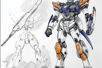 draw gundam, transformers, mecha robot in anime manga style