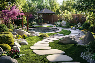design landscape, terrace, backyard, pool, and patio