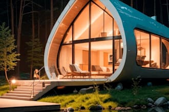 renovate futuristic villa,home style,realistic rendering,forest smart house,cgi