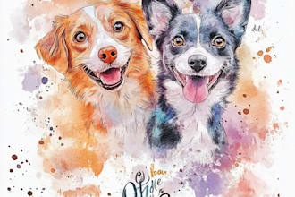 draw aesthetic watercolor pet portrait dog, cat, family, etc