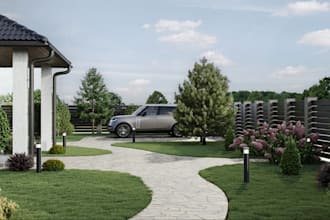 do backyard landscape design, garden, pool, deck, patio and frontyard, 3d render