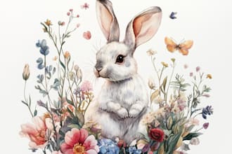 watercolor botanical illustrations of flowers and animals