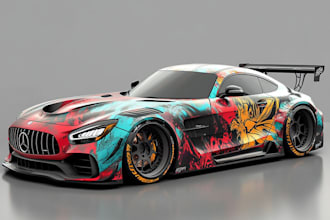 create realistic car wrap design render and wrap in specific