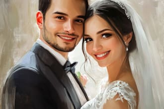 drawing a digital oil couple portrait, wedding painting