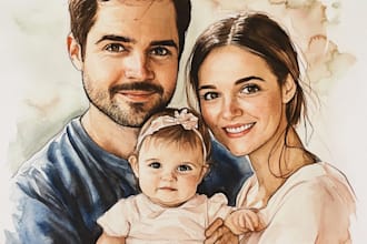 draw  family portrait with realistic watercolor style