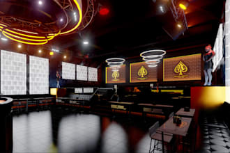 3d interior nightclub design, bar, poolside, restaurant, stage show, pub, hotel