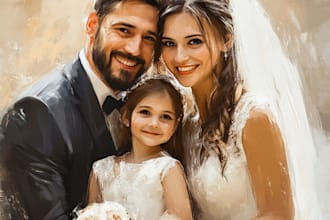 draw wedding, family portrait in digital oil painting style