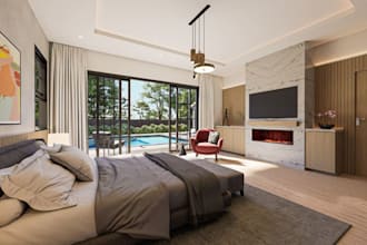 render residential house exterior, outdoor garden design, 3d swimming pool