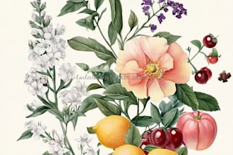 create a digital watercolor botanical illustration of flowers, plants, fruits