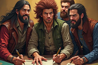 draw dnd art character, creature, game art, sheet, fantasy art and dnd party