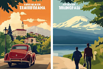 make vintage retro travel poster, vector art deco, landscape illustration