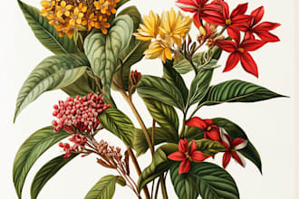 hand draw botanical illustration line art of plants, flowers
