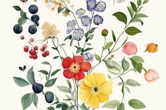 create a digital watercolor botanical illustration of flowers, plants, fruits