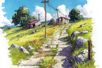 hand draw landscape sketch watercolor and ink
