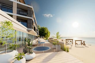 3d roofscape exterior remodel,modern beachside resort, lounge,interactive model