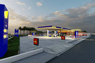 design 3d petrol station, gas station, landscape view, car wash, skp rendering