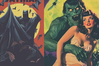 draw vintage retro comic art, horror poster, dark creepy 70s cover nsfw