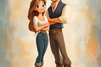 do cartoon pet portrait, family portrait in disney style