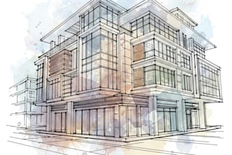 sketch architecture building with watercolor rendering