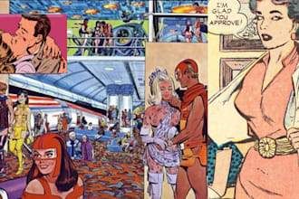 draw retro comic book page, vintage, poster illustration, nsfw, pop art style