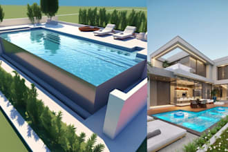 do landscape design pool patio deck backyard terrace garden pergola 3d rendering