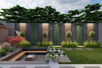 create stunning landscape design, backyard, garden, swimming pool with 3d render