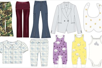 design fashion, apparel clothing tech packs and flat sketch