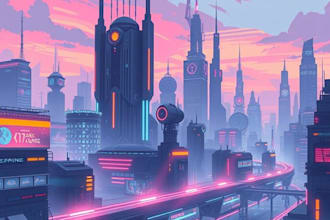 draw futuristic cyberpunk city and background art