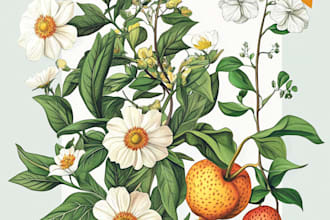 draw botanical illustrations of flowers, plants, fruits