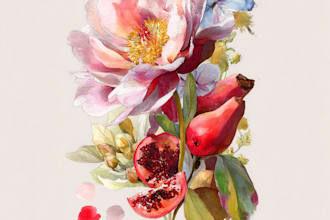 paint watercolor botanical illustration of flowers, plants, fruits
