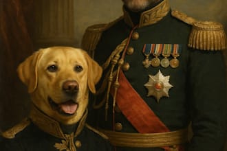create a royal pet and owner portrait in a majestic style