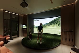 remodel 3d golf simulator setup,golf wall,gaming arenas,golf showroom, 8k render