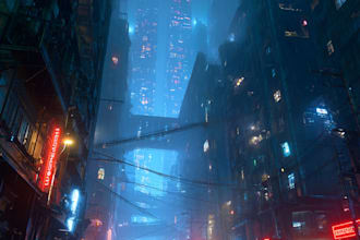 do cyberpunk futuristic city art in your style