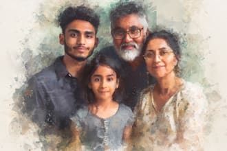 llustrate cute watercolor couple or family and pet portrait
