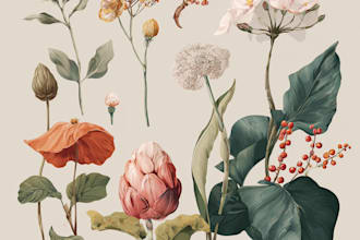 draw botanical vector illustration of plants and flowers