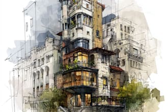 draw an architectural digital marker or watercolor sketches