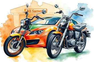 paint car and motorcycle portraits in watercolor