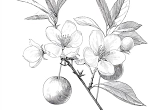 draw botanical line art illustration flower, plant, fruits