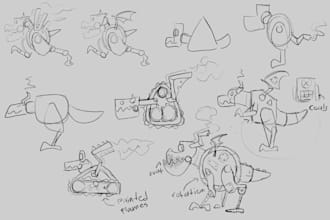 do concept sketches of characters, landscape, and props