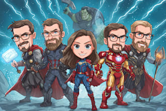 draw corporate office, group, team, family, cartoon