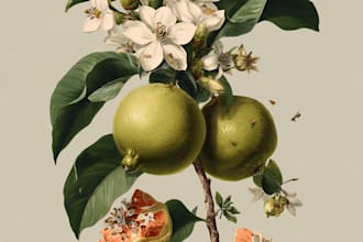 watercolor botanical illustrations of flowers and animals